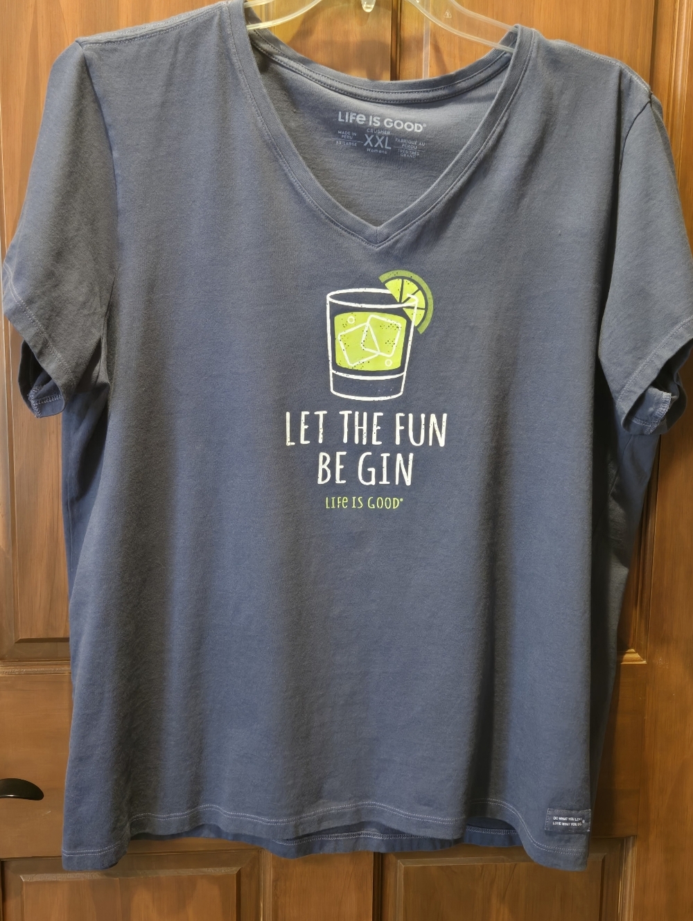 Life Is Good Navy V-Neck Tee with Lime Cocktail Graphic